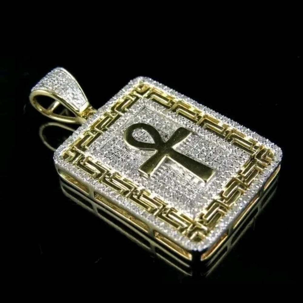 Luxurious 14K Yellow Gold and Silver 3Ct Lab Created Diamond Ankh Pendant